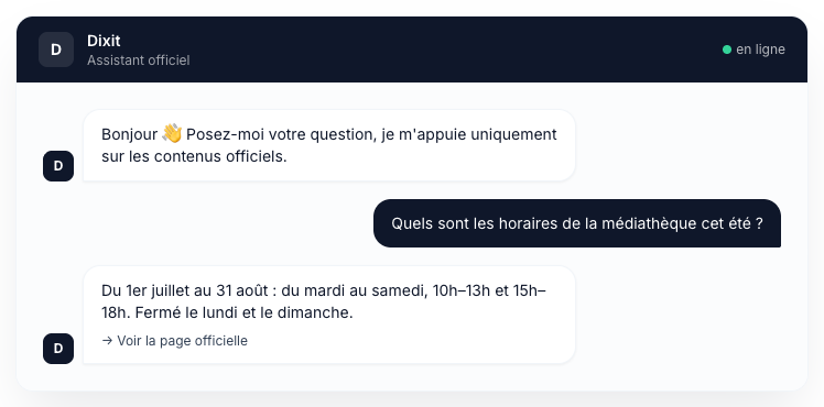Aperçu du chatbot Dixit répondant à une question sur les horaires d'une médiathèque